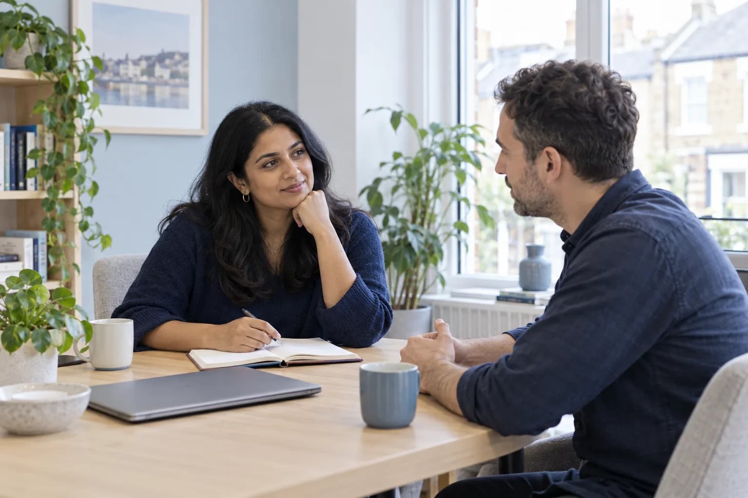 Illustrative scene of an independent consultant meeting a client