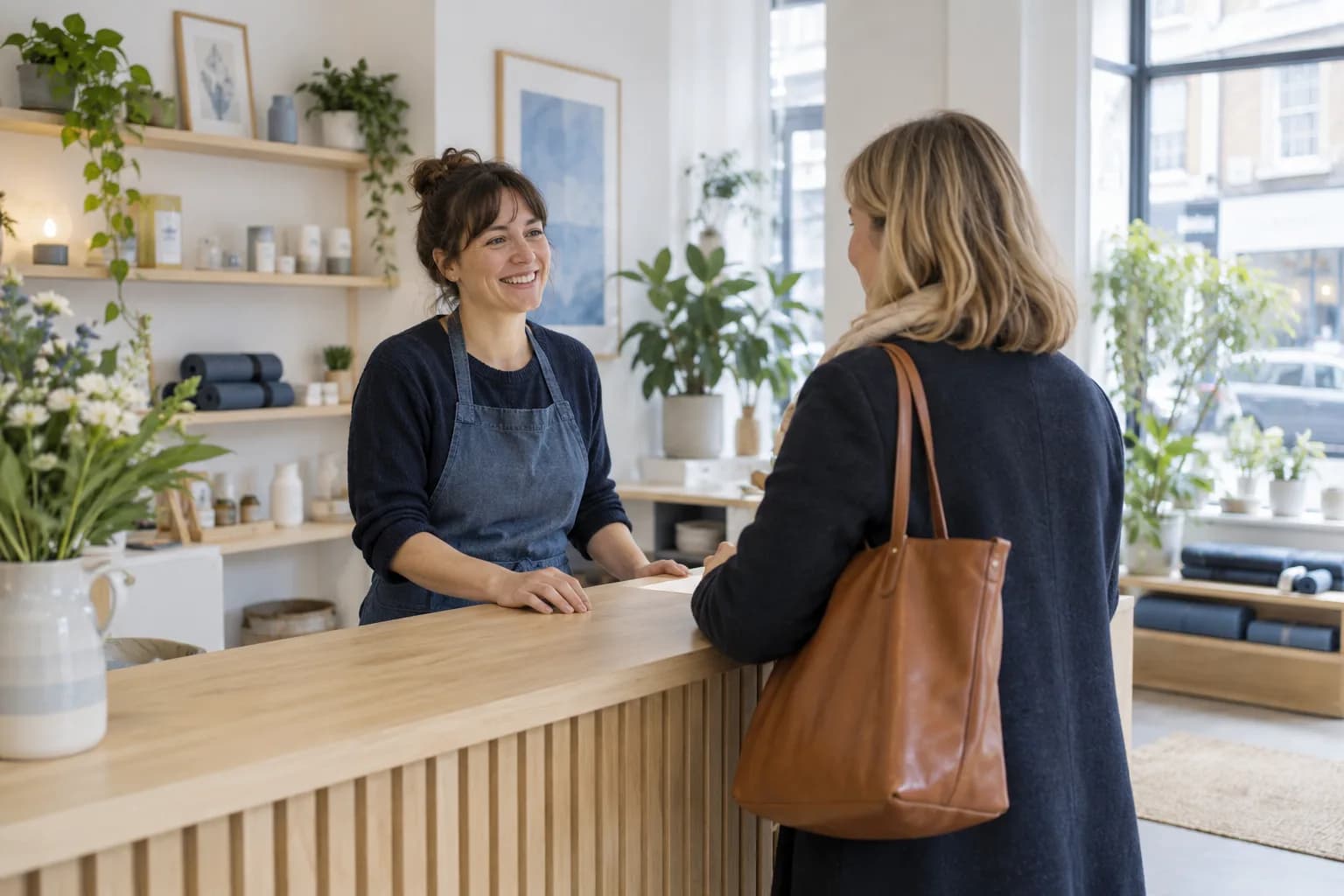 Illustrative scene of a studio owner welcoming a customer at reception